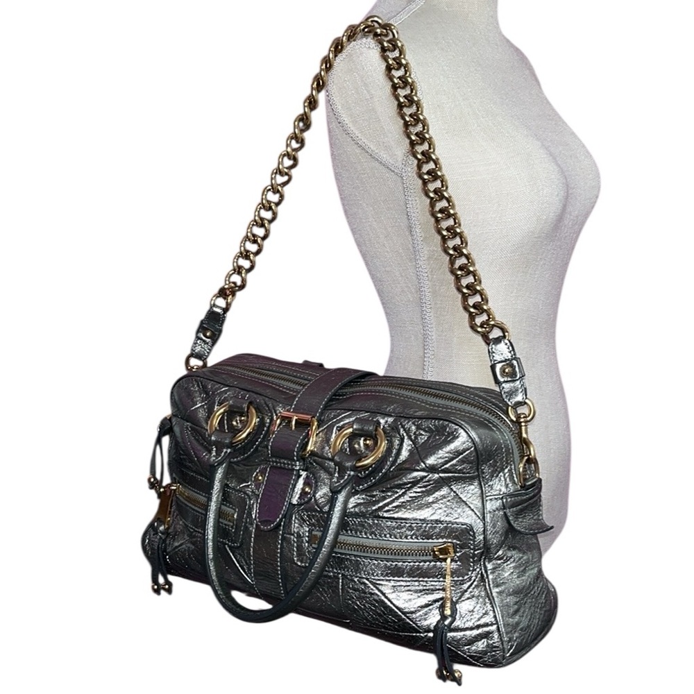 Marc Jacobs Y2K Quilted Venetia Metallic Gunmetal Leather Satchel w/ Chain Strap - Picture 6 of 17